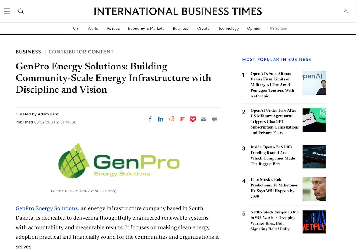 Genpro GenPro Energy Solutions Featured in International Business Times ...